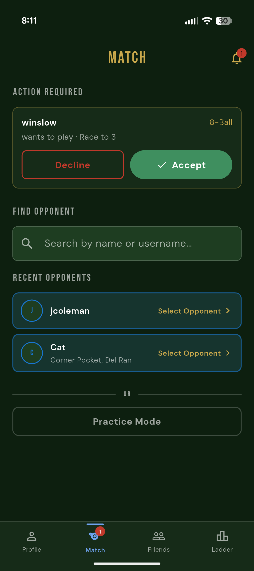 OPL Match Acceptance — Player 2 view