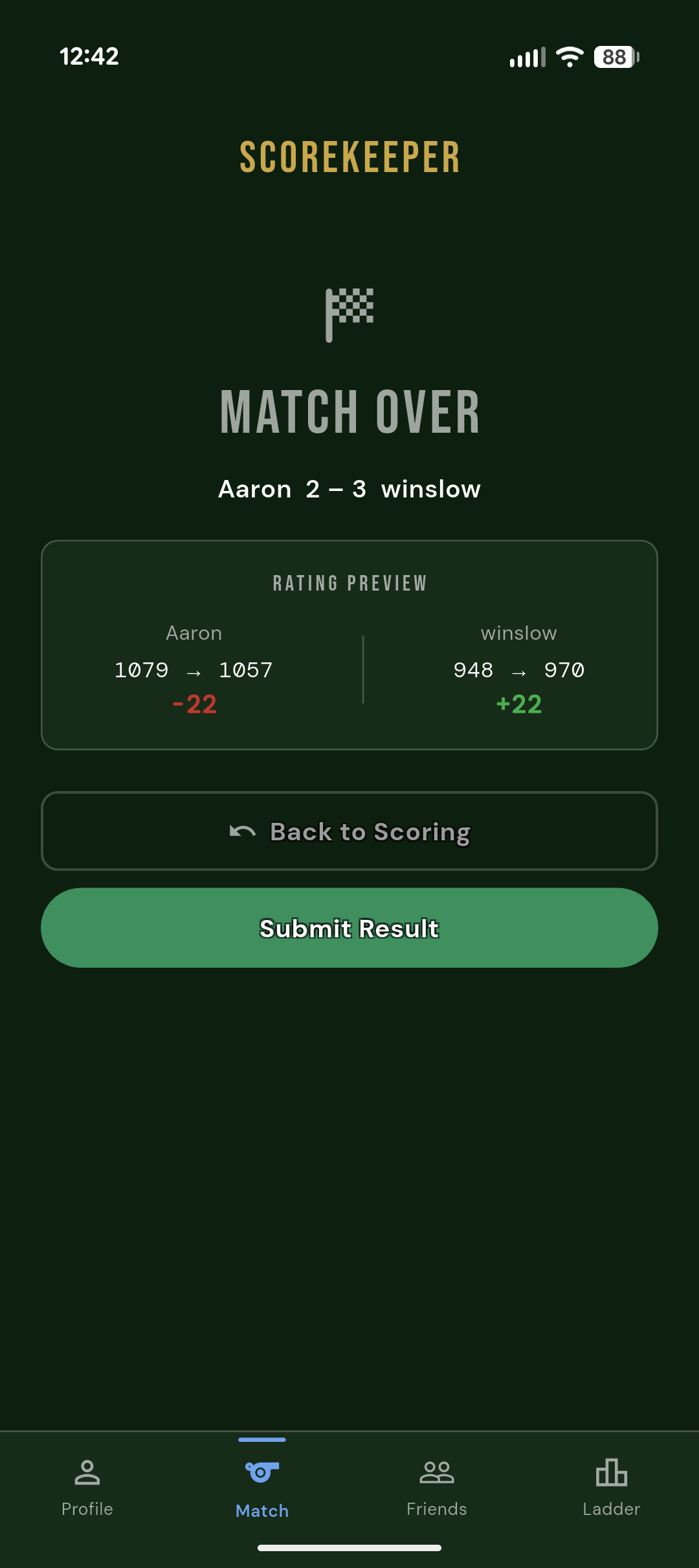 OPL Match Result and ELO preview